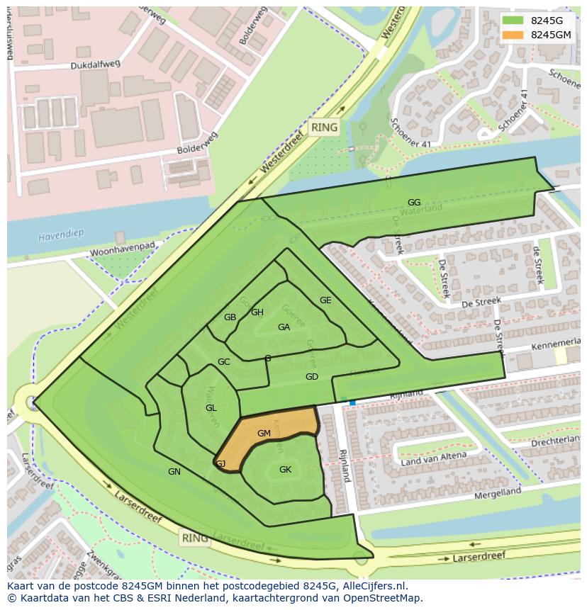 Afbeelding van het postcodegebied 8245 GM op de kaart.