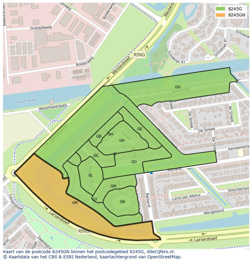 Afbeelding van het postcodegebied 8245 GN op de kaart.