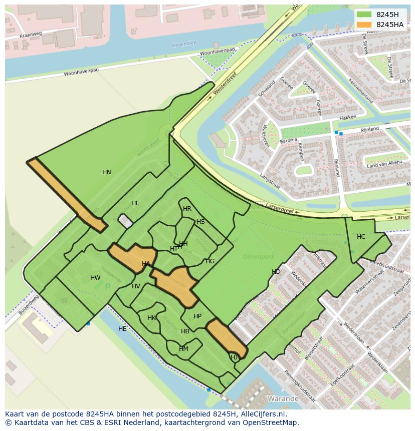 Afbeelding van het postcodegebied 8245 HA op de kaart.