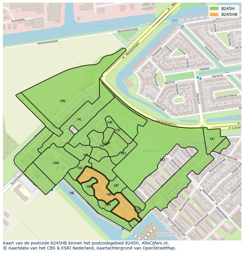 Afbeelding van het postcodegebied 8245 HB op de kaart.