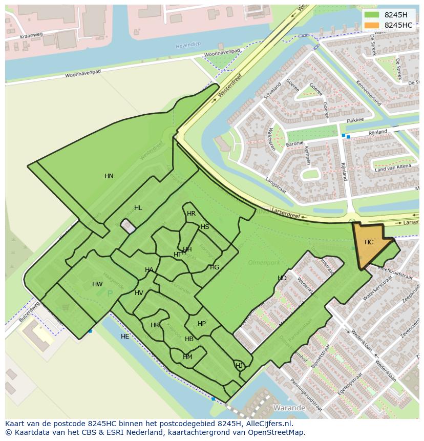 Afbeelding van het postcodegebied 8245 HC op de kaart.
