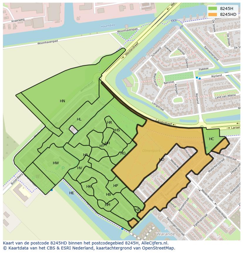 Afbeelding van het postcodegebied 8245 HD op de kaart.