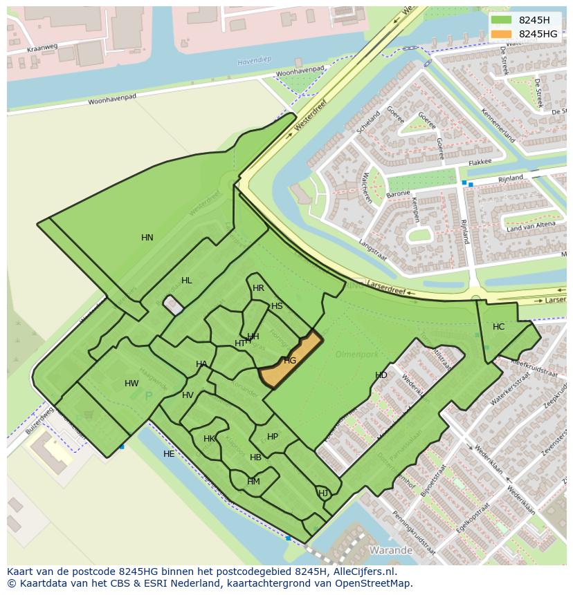 Afbeelding van het postcodegebied 8245 HG op de kaart.