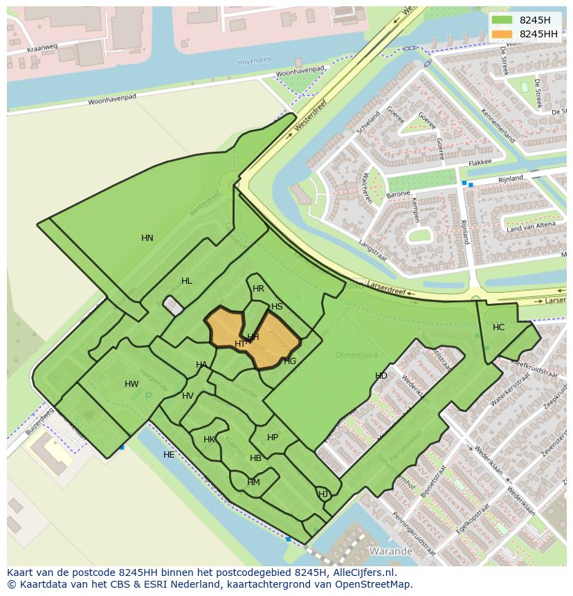 Afbeelding van het postcodegebied 8245 HH op de kaart.