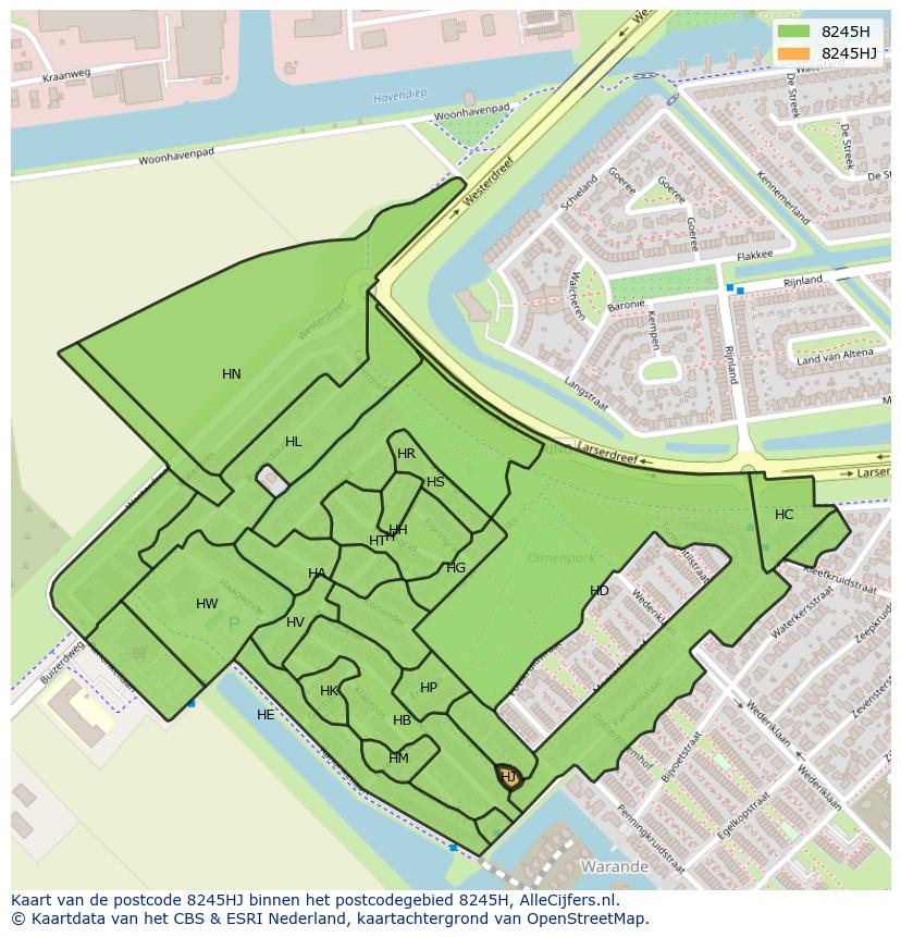 Afbeelding van het postcodegebied 8245 HJ op de kaart.