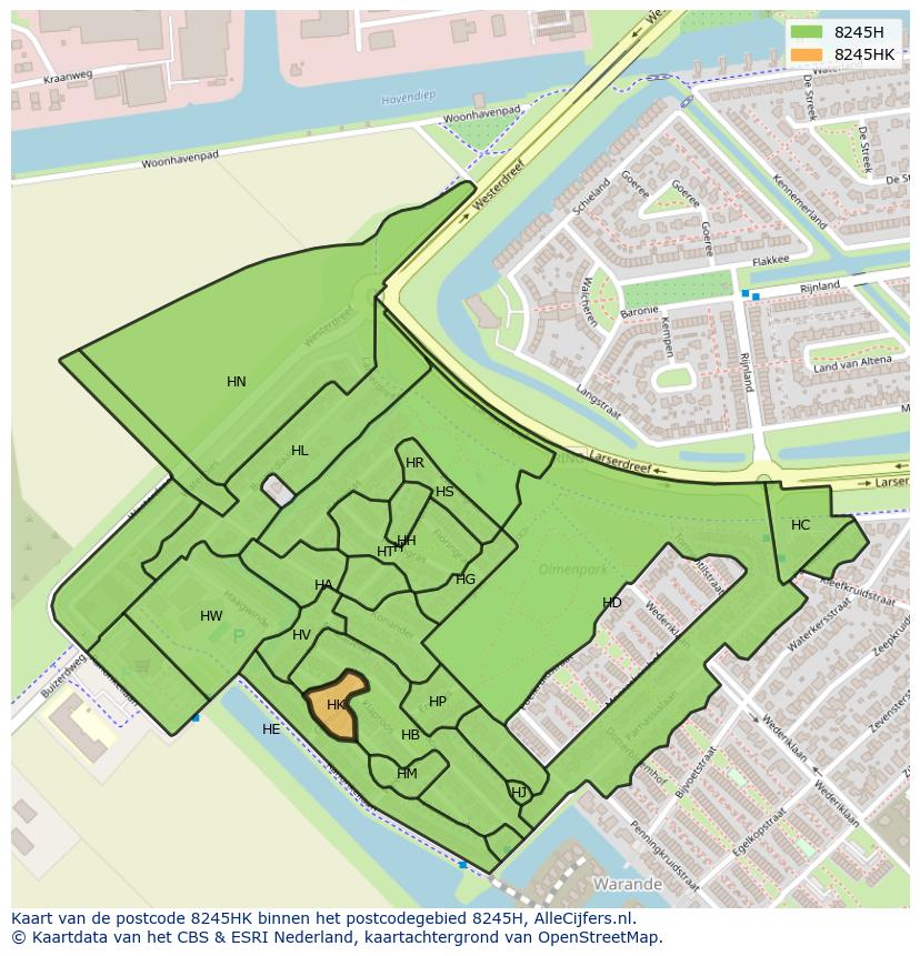 Afbeelding van het postcodegebied 8245 HK op de kaart.