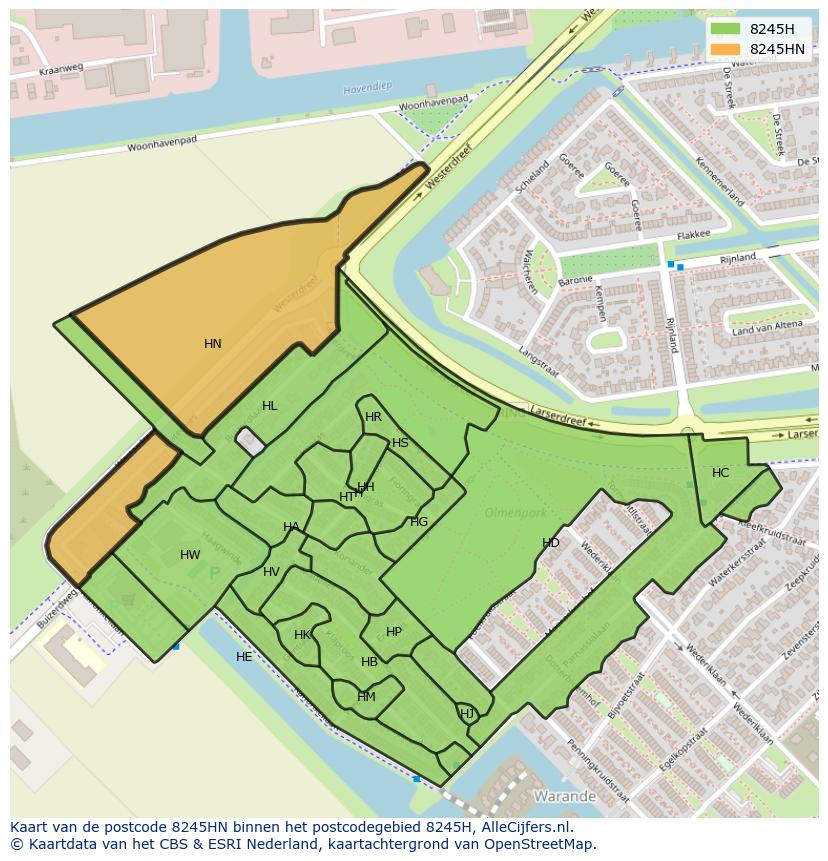 Afbeelding van het postcodegebied 8245 HN op de kaart.