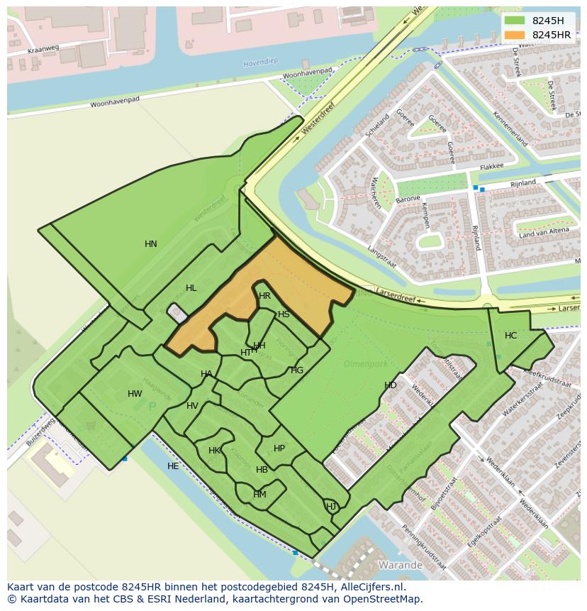 Afbeelding van het postcodegebied 8245 HR op de kaart.
