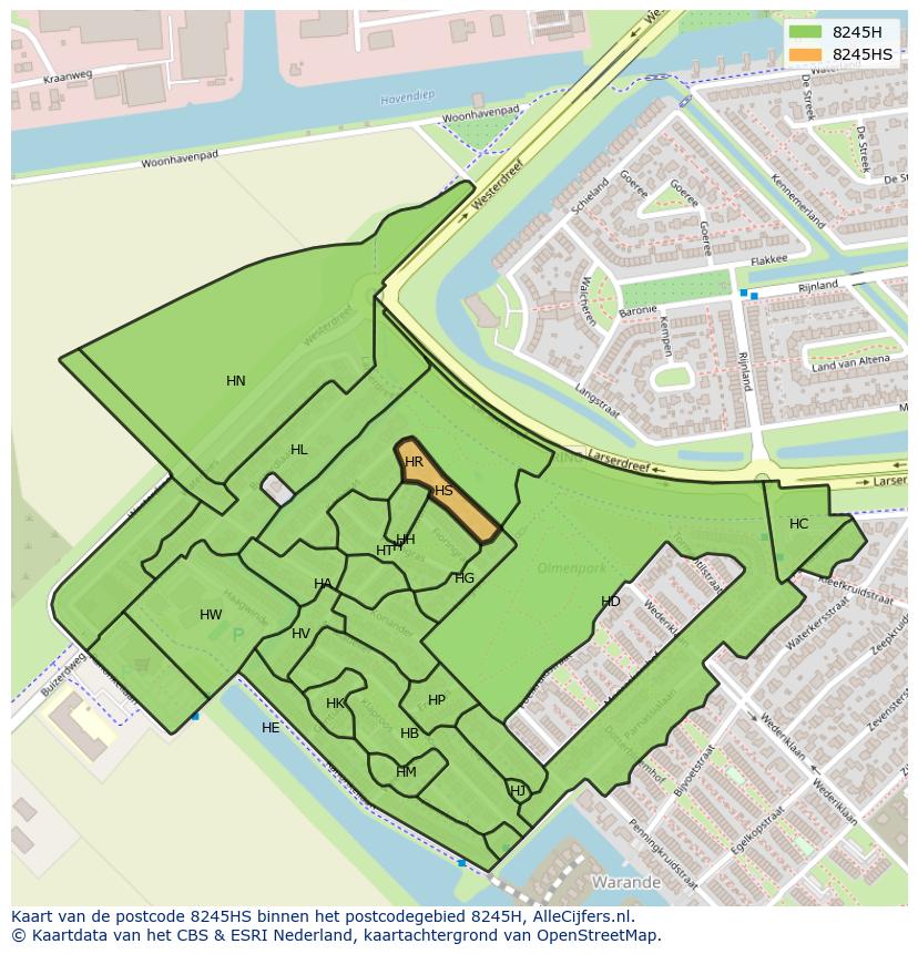 Afbeelding van het postcodegebied 8245 HS op de kaart.
