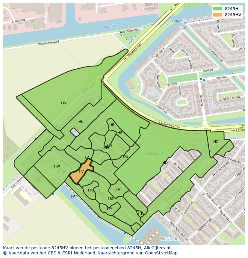 Afbeelding van het postcodegebied 8245 HV op de kaart.