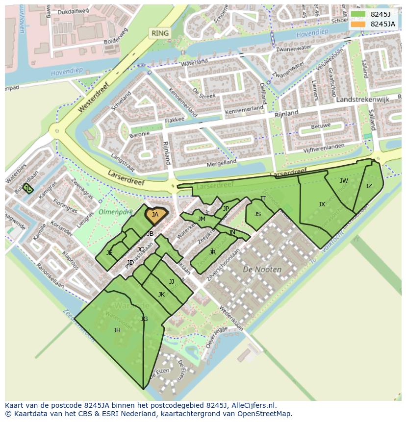 Afbeelding van het postcodegebied 8245 JA op de kaart.