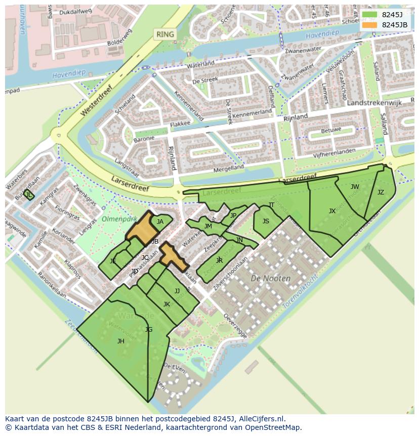 Afbeelding van het postcodegebied 8245 JB op de kaart.