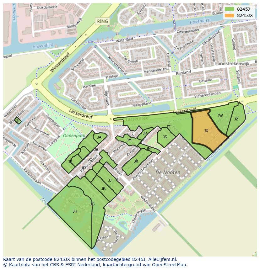 Afbeelding van het postcodegebied 8245 JX op de kaart.