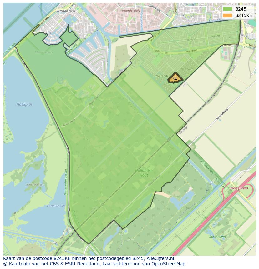 Afbeelding van het postcodegebied 8245 KE op de kaart.