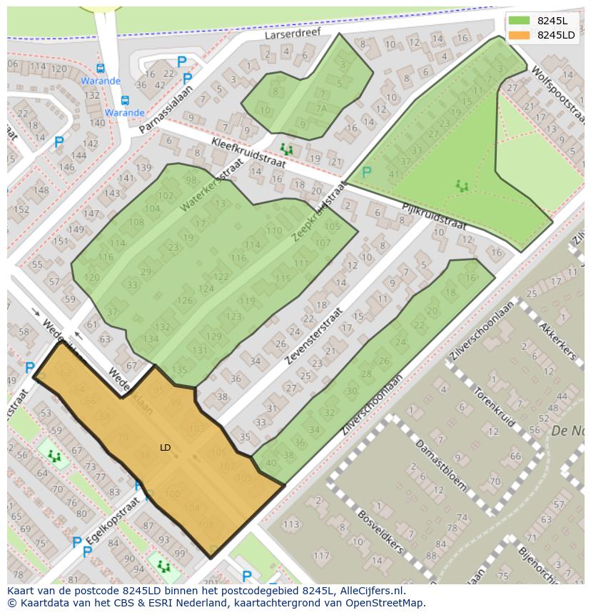 Afbeelding van het postcodegebied 8245 LD op de kaart.