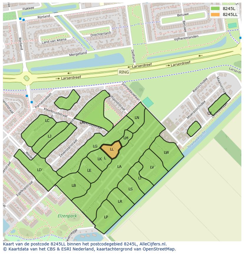 Afbeelding van het postcodegebied 8245 LL op de kaart.