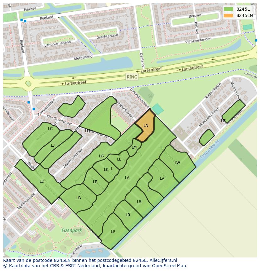 Afbeelding van het postcodegebied 8245 LN op de kaart.