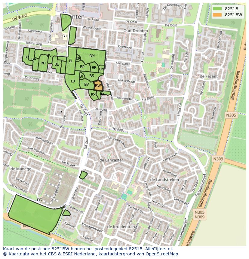 Afbeelding van het postcodegebied 8251 BW op de kaart.