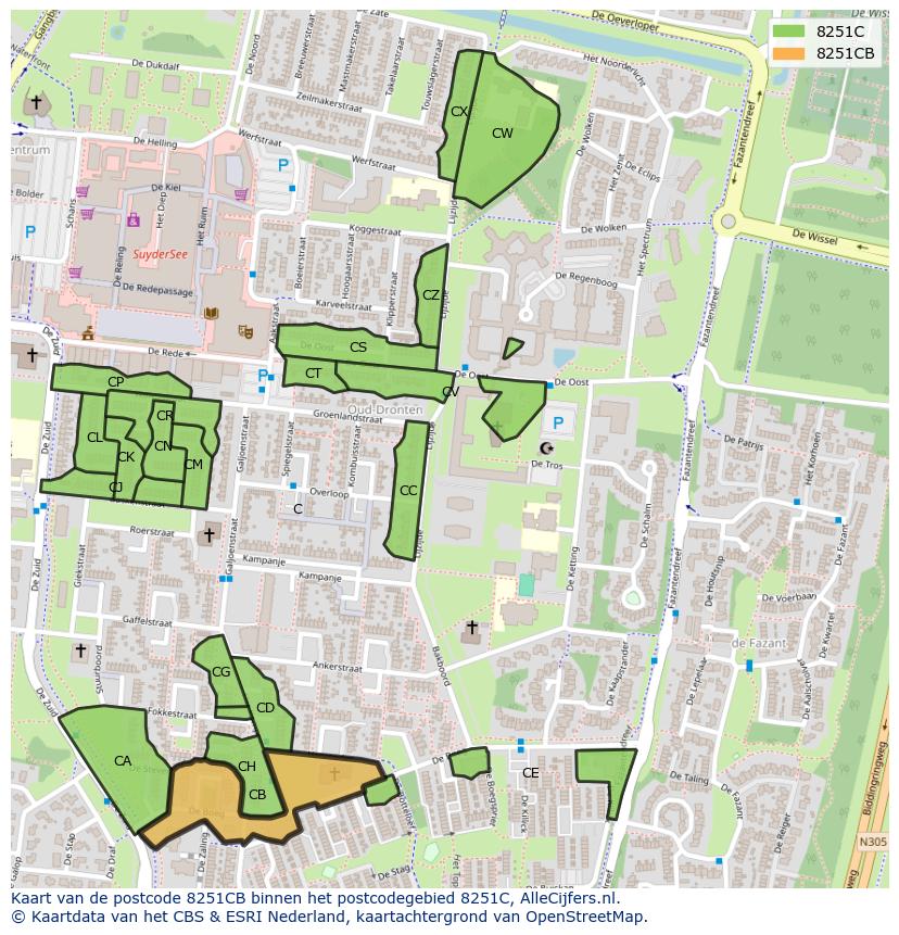 Afbeelding van het postcodegebied 8251 CB op de kaart.