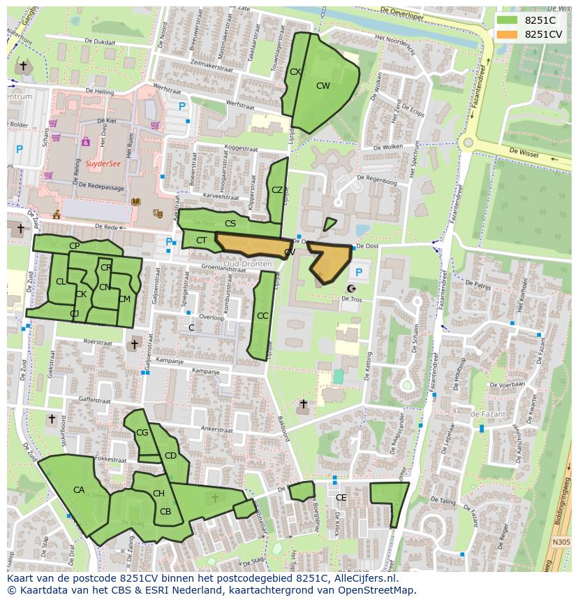 Afbeelding van het postcodegebied 8251 CV op de kaart.