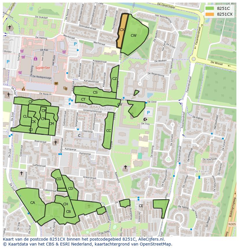 Afbeelding van het postcodegebied 8251 CX op de kaart.