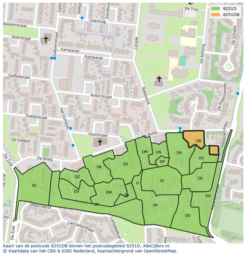 Afbeelding van het postcodegebied 8251 DB op de kaart.