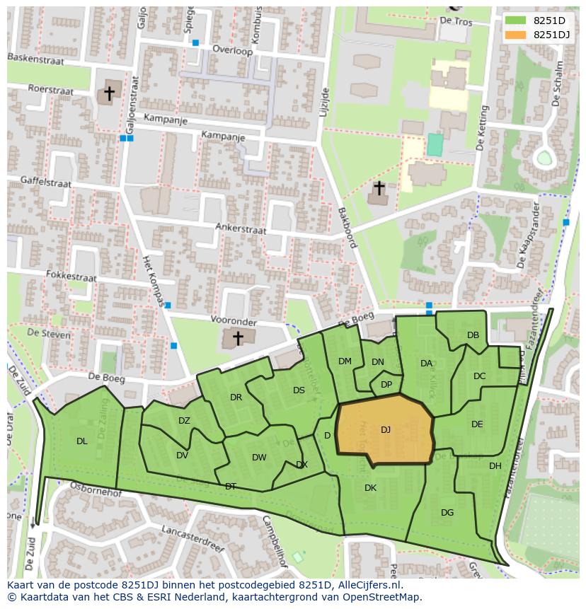 Afbeelding van het postcodegebied 8251 DJ op de kaart.