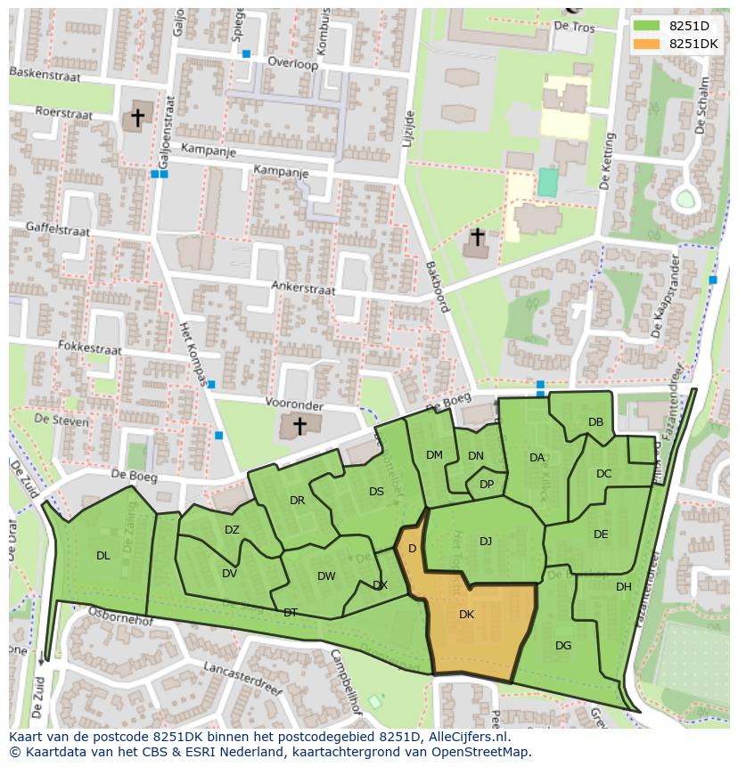 Afbeelding van het postcodegebied 8251 DK op de kaart.