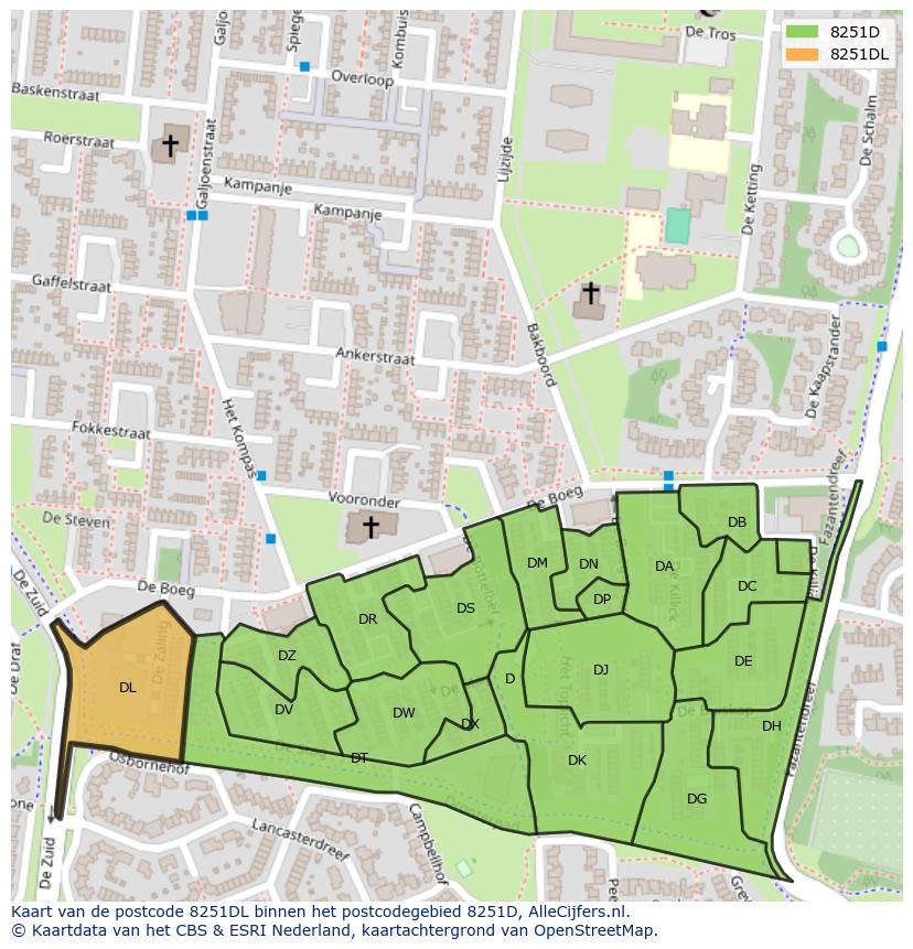 Afbeelding van het postcodegebied 8251 DL op de kaart.