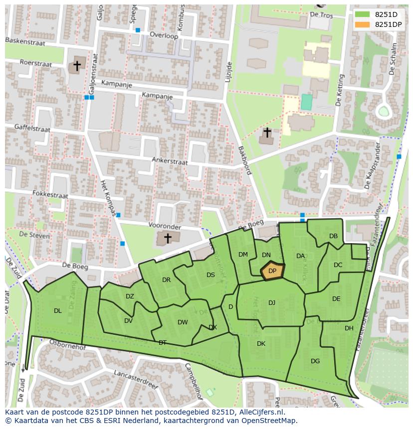 Afbeelding van het postcodegebied 8251 DP op de kaart.