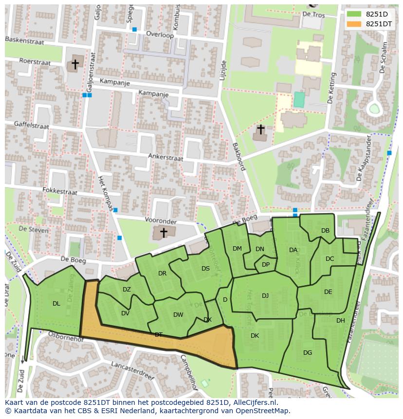 Afbeelding van het postcodegebied 8251 DT op de kaart.