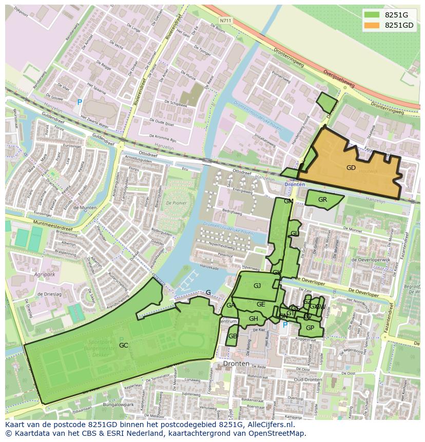 Afbeelding van het postcodegebied 8251 GD op de kaart.
