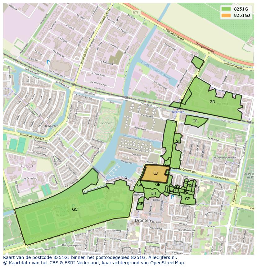 Afbeelding van het postcodegebied 8251 GJ op de kaart.