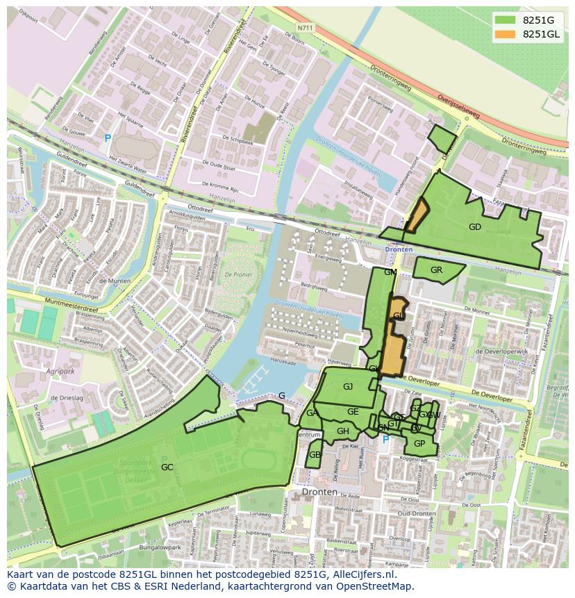 Afbeelding van het postcodegebied 8251 GL op de kaart.