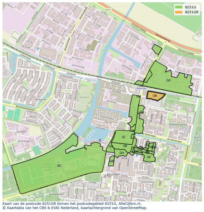 Afbeelding van het postcodegebied 8251 GR op de kaart.