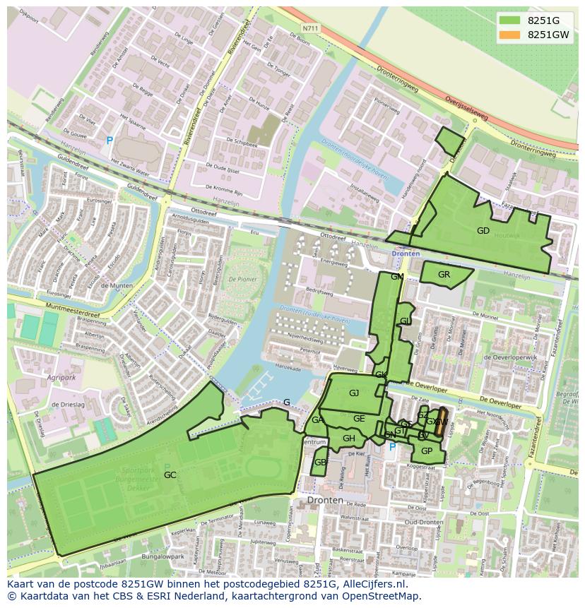 Afbeelding van het postcodegebied 8251 GW op de kaart.
