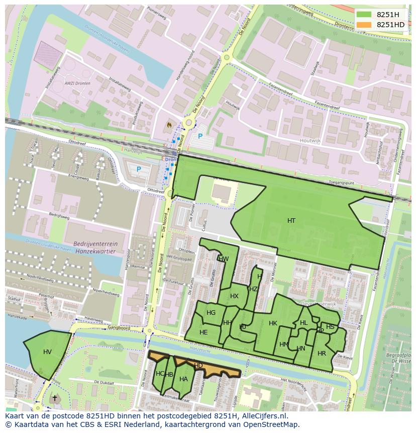 Afbeelding van het postcodegebied 8251 HD op de kaart.