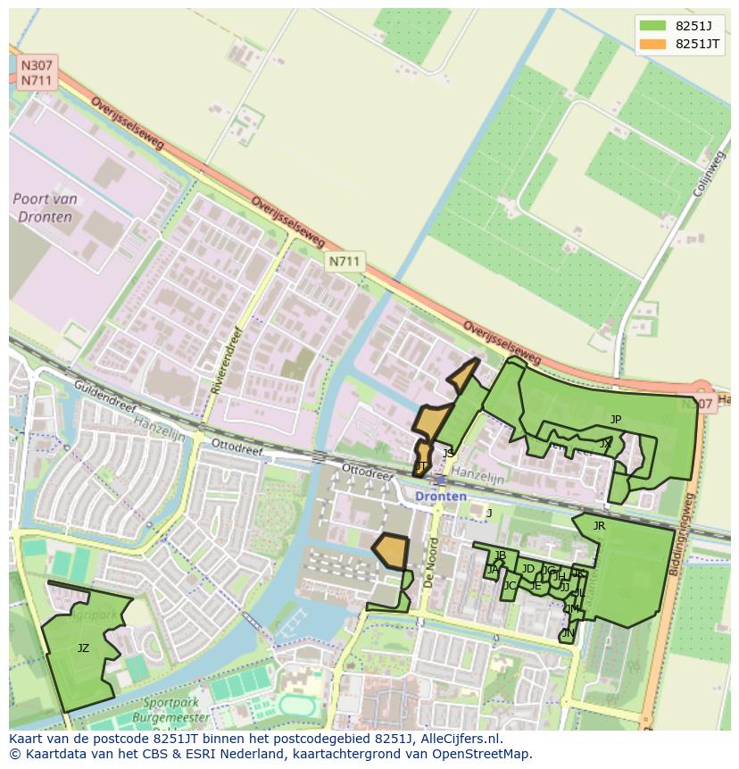 Afbeelding van het postcodegebied 8251 JT op de kaart.
