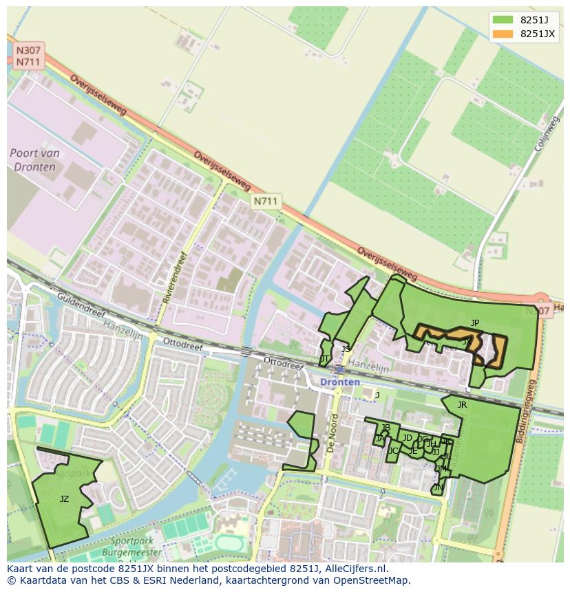 Afbeelding van het postcodegebied 8251 JX op de kaart.