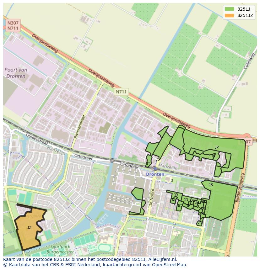 Afbeelding van het postcodegebied 8251 JZ op de kaart.