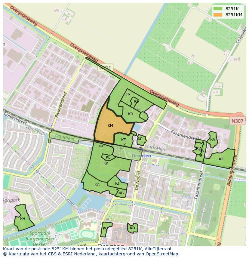Afbeelding van het postcodegebied 8251 KM op de kaart.