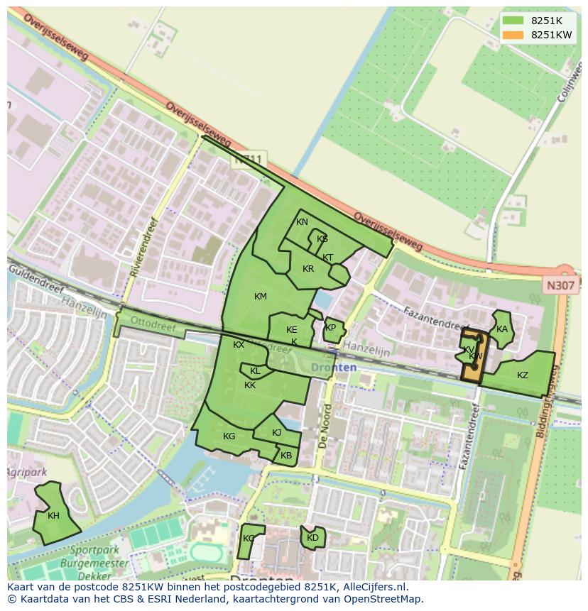 Afbeelding van het postcodegebied 8251 KW op de kaart.