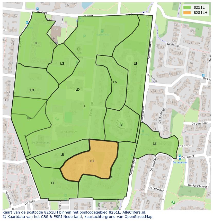 Afbeelding van het postcodegebied 8251 LH op de kaart.
