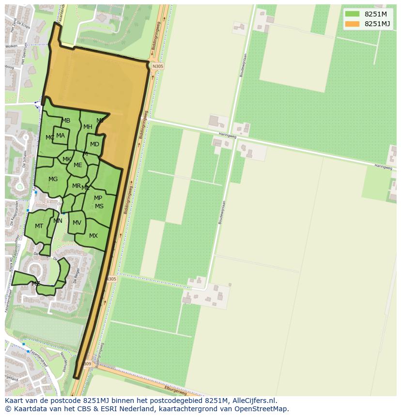 Afbeelding van het postcodegebied 8251 MJ op de kaart.