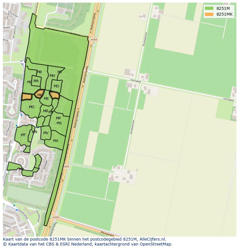Afbeelding van het postcodegebied 8251 MK op de kaart.