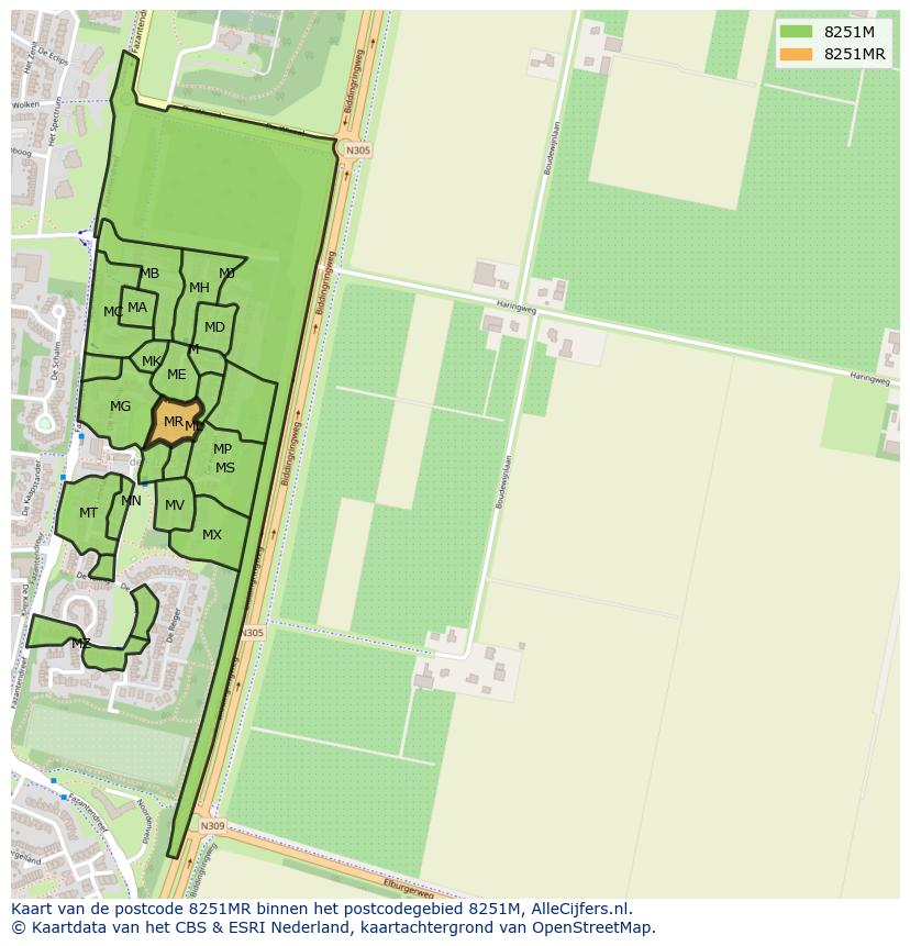 Afbeelding van het postcodegebied 8251 MR op de kaart.