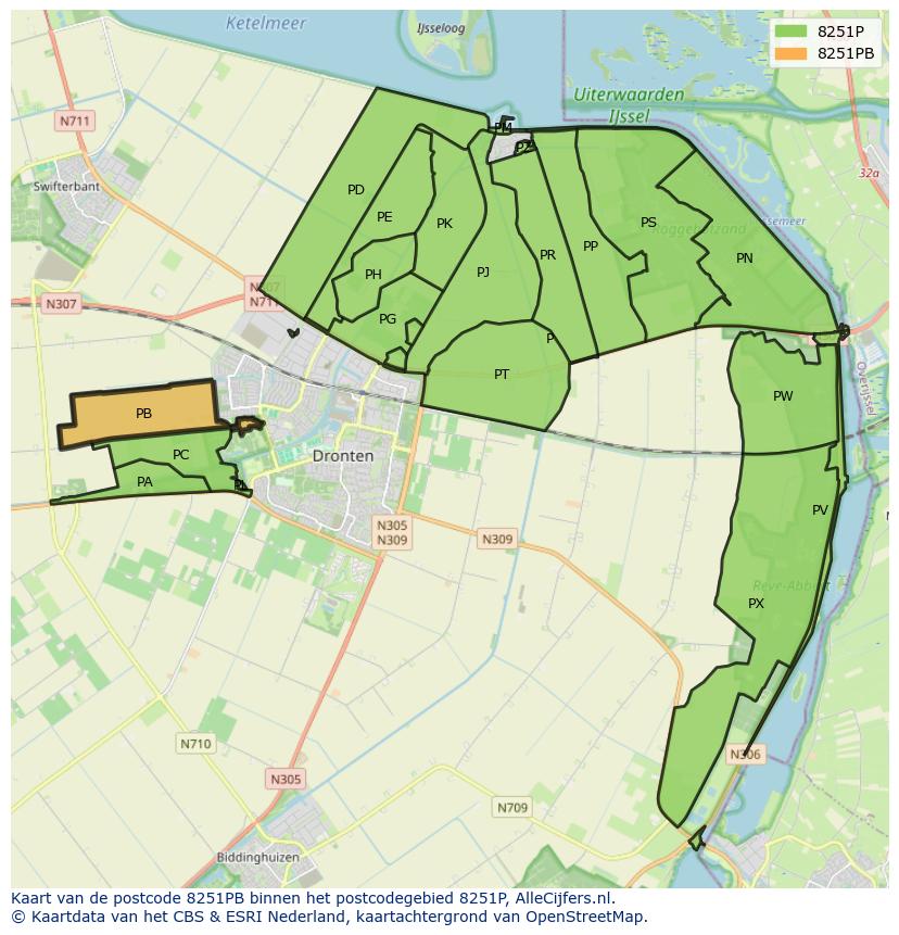 Afbeelding van het postcodegebied 8251 PB op de kaart.