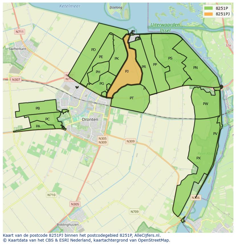 Afbeelding van het postcodegebied 8251 PJ op de kaart.