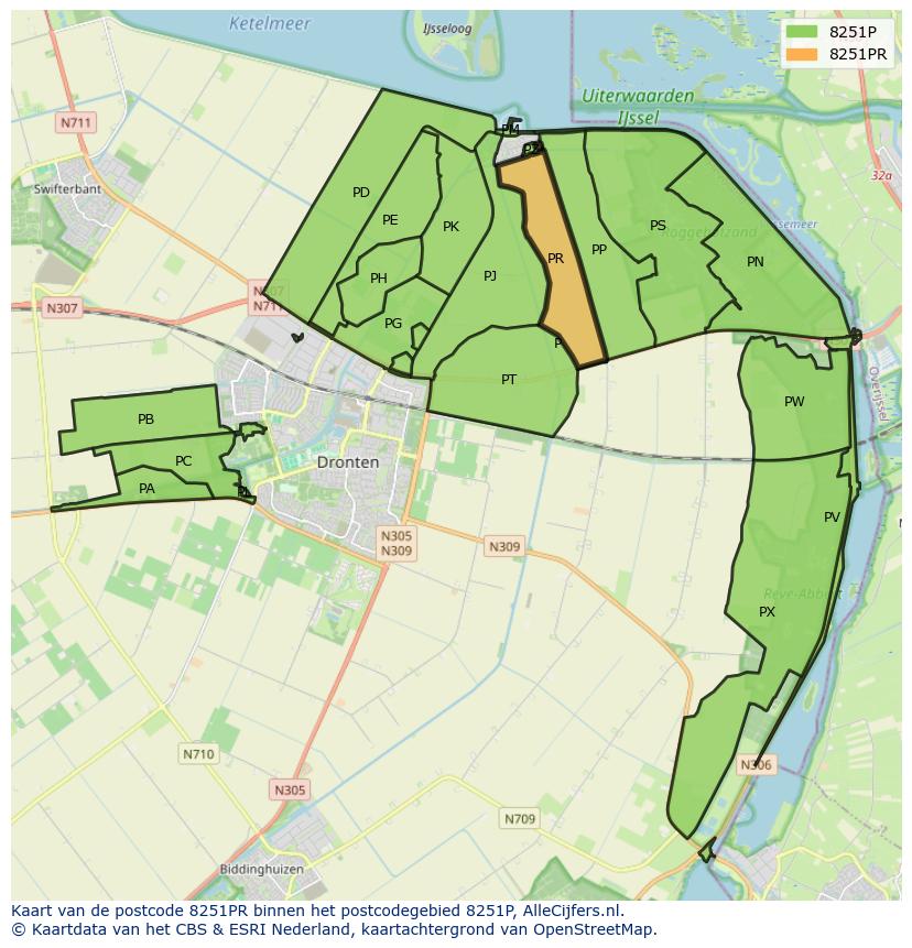 Afbeelding van het postcodegebied 8251 PR op de kaart.