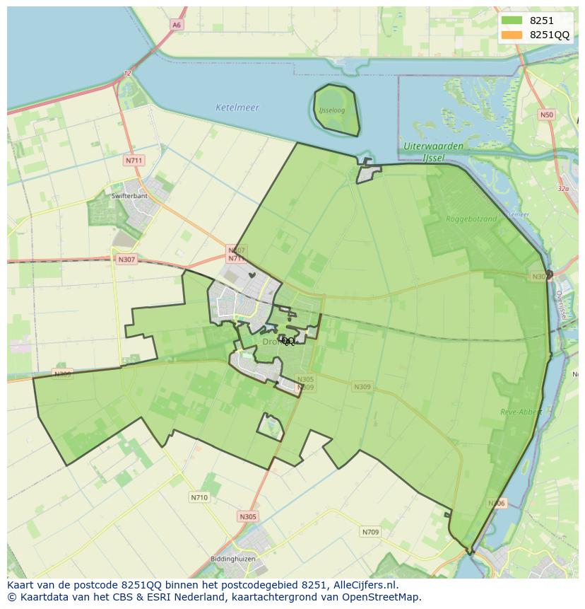 Afbeelding van het postcodegebied 8251 QQ op de kaart.